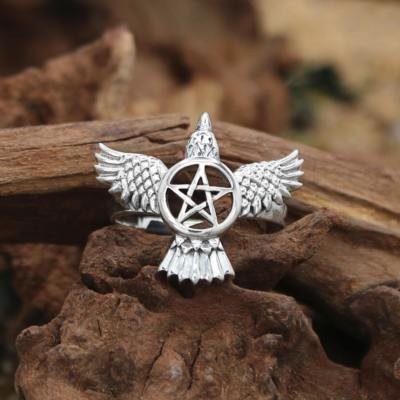Moonlight Mysteries 925 Sterling Silver Raven Pentacle Pendant – Wiccan Pentagram Triple Moon Crow Jewelry – PS-TPD-4221