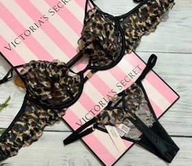 Victoria&rsquo;s Secret Leopard Embroidery Unlined Low-Cut Demi Bra Thong Set