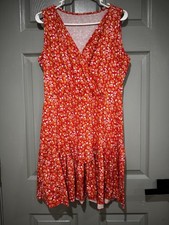 Red Floral Sleeveless Fit  Flare Dress Ruffle Short V-Neck Women