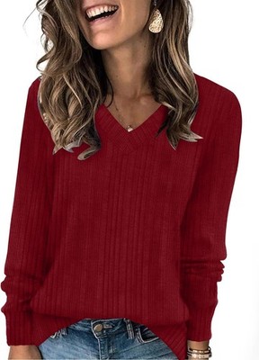 Women V Neck Long Sleeve Shirt Casual Fall Top Lightweight Tunic Sweater Clothes