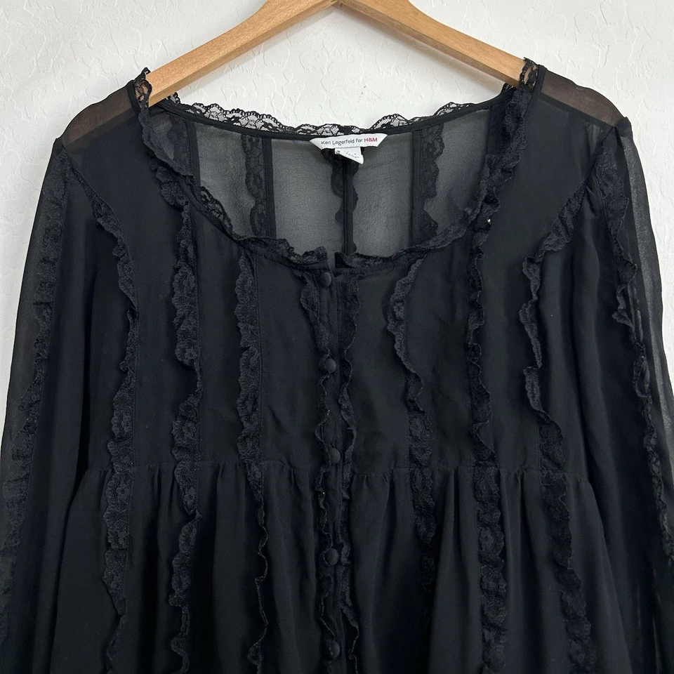 H&M Karl Lagerfeld Dress 8 Mini Silk Long Sleeve Lace Sheer Lined Gothic Black - Image 2 of 4