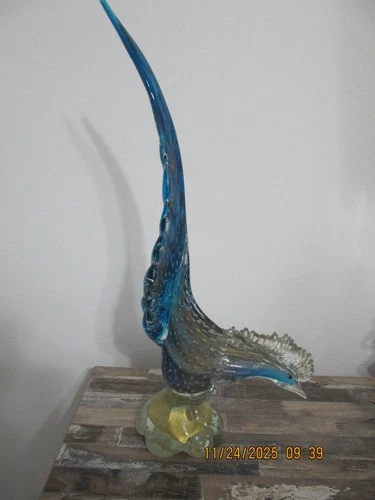 Beautiful vintage Murano Italy Glass Pheasant Bird Gold Flecks & Bubbles 21.5" H