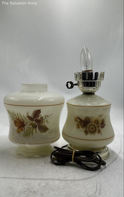 White Milk Glass Floral Print Table Decorative Corded Electric Hurricane Lamp