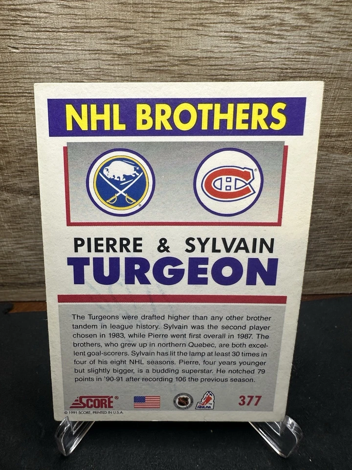 1991-92 Score #377 Pierre Turgeon Sylvain Turgeon In-Person ON-CARD AUTO - Image 2 of 2