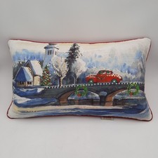 Christmas Throw Pillow 12x20 In. Zip Close, Winter Scene Red Car, Church