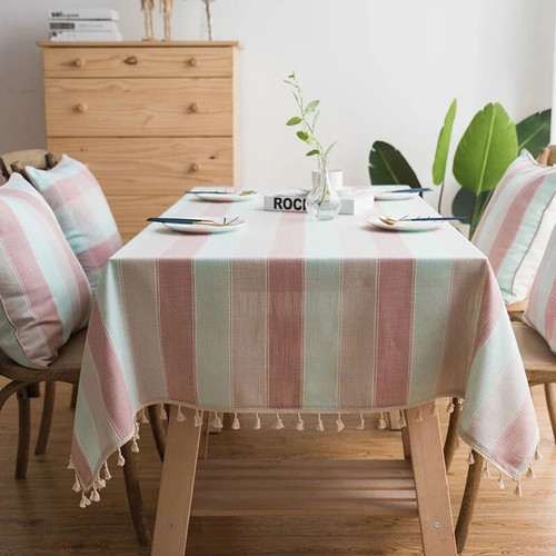Pink Stitching Tassel Tablecloth Striped Three-Colour Rectangular Table Cover - Picture 30 of 39