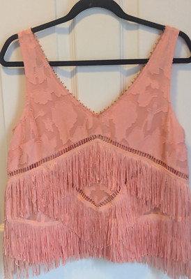 HD In Paris  Boho Festival Top Size 8P Coral Cropped Fringe Textured Flapper