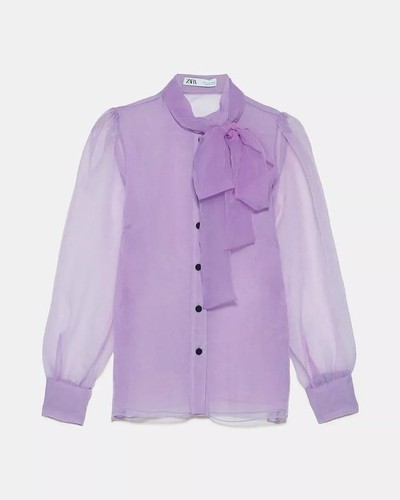 ZARA Semi Sheer Lilac Organza Blouse Top Shirt Pussy Bow Button Detail S Small - Picture 12 of 20
