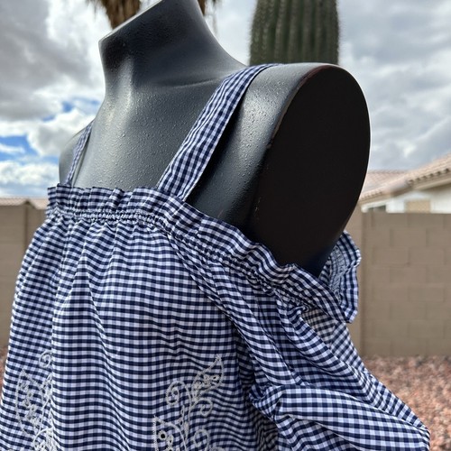 Blusa Joa Azul Bordada Guinga Cuadros Hombro Frío Talla XS Nueva con Etiquetas - Imagen 7 de 8