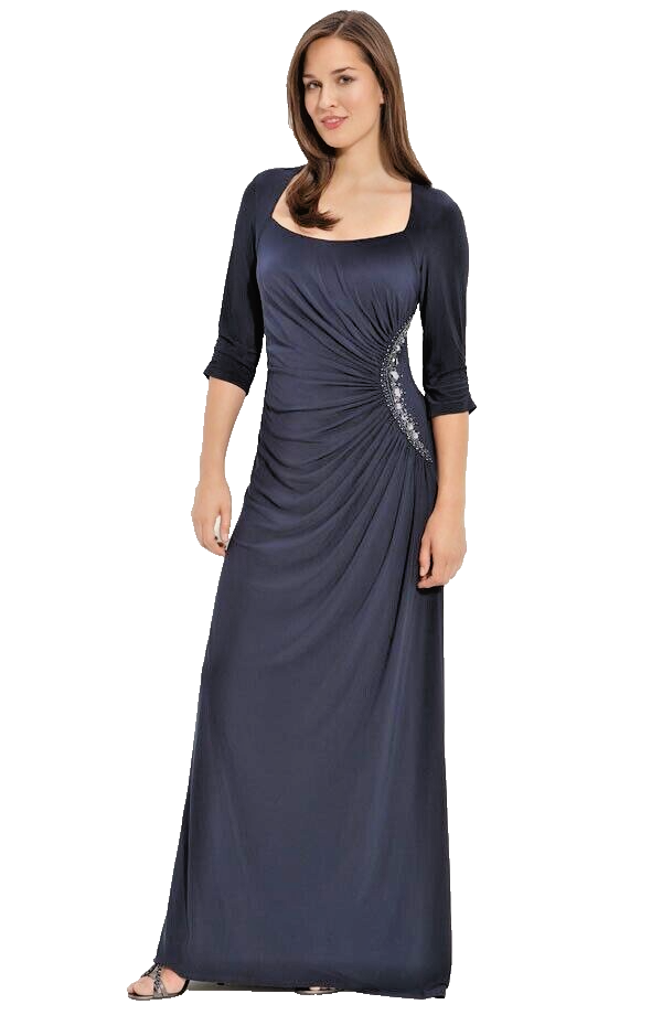 adrianna papell blue beaded dress Jasmine Beaded Blouson Gown With Sheer Short Sleeves In Dusty Blue