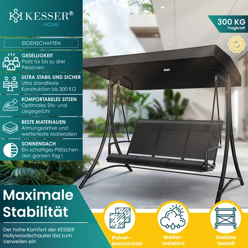 KESSER® Hollywoodschaukel Gartenschaukel mit Sonnendach 3er Schaukelbank 300kg - Bild 35 von 41
