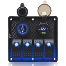 4 Gang Waterproof Toggle Rocker Switch Panel Blue LED for Car RV Marine Boat 12V