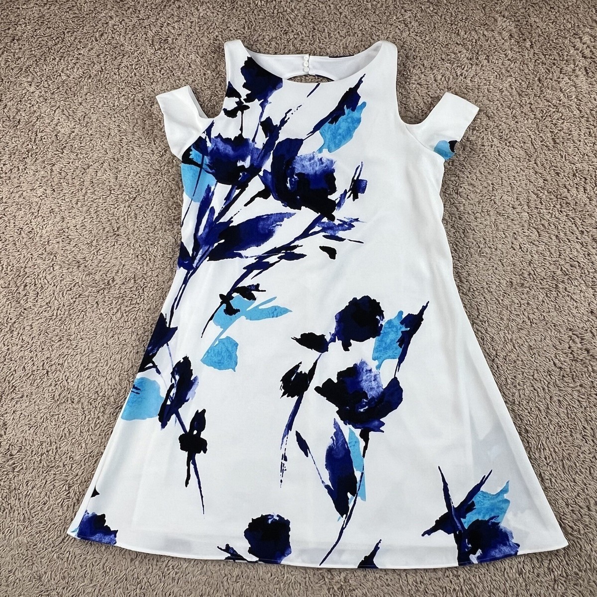 LAUREN RALPH LAUREN White Blue Floral Cold Shoulder A-Line Dress Womens 10 Lined
