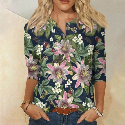 3/4 Length Sleeve Womens Tops Casual Loose Fit V-neck Shirts Floral Tunic Tops - Picture 20 of 51