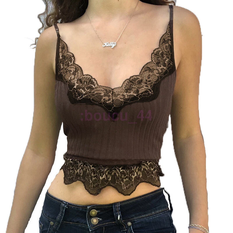 Women's Lace Trim V Neck Camisole Ribbed Spaghetti Strap Crop Cami Tank Top Vest