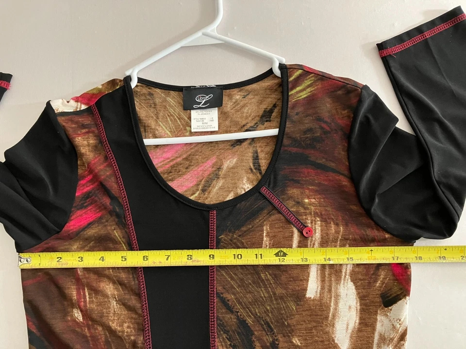 Top túnica negra Libra para mujer talla mediana rosa estampado de retazos camisa tejida elástica Foto 4 de 4