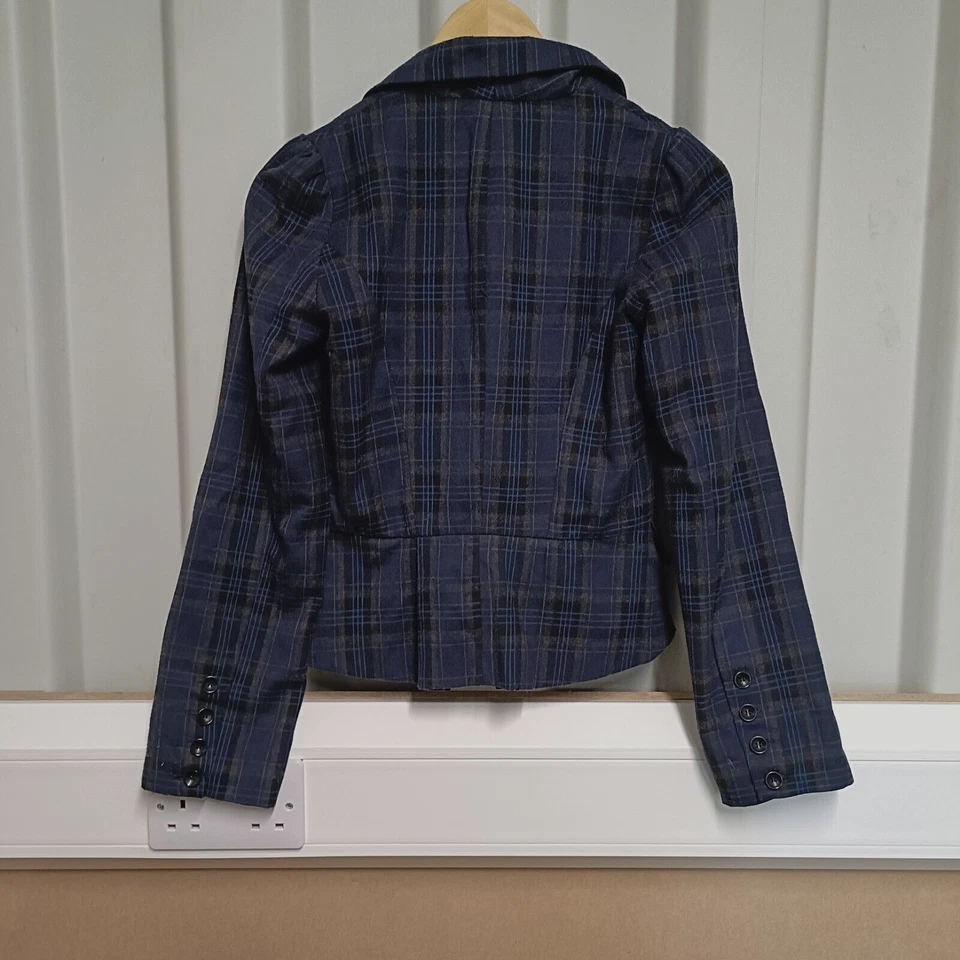 Topshop Womens Jacket Blue Black Size 10 Wool Blend Check Steampunk Gothic - Image 2 of 4