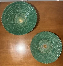 Set Of 2 Emerald Green Gold Peacock Art Glass Serving Plate Candy Dish Bowl