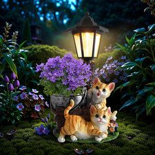 Solar Cat Outdoor Statues, Garden Sculptures with Flowerpot Decor  Solar Lanter