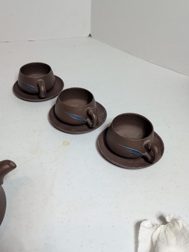 Vintage chinesische rote Ton Yixing Zisha Teekanne Set mit 6 Tassen & Untertasse Fledermaus Design - Bild 9 von 19