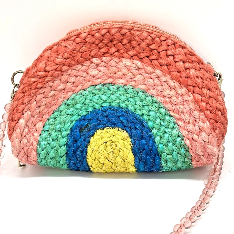 J Crew Crewcuts Niñas Arco Iris Rafia Tejido Cartera Con Cuentas Correa Bolso de Paja Verano Foto 4 de 4