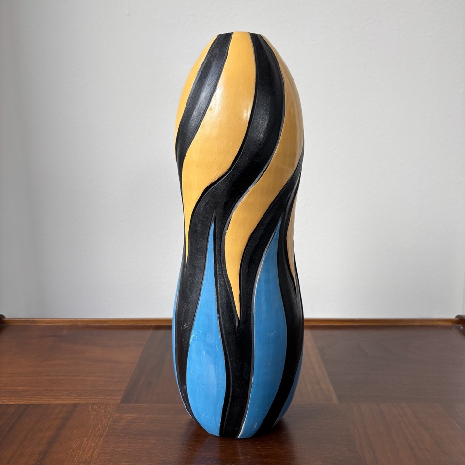 13" Mid Century Studio Art Pottery Vase Abstract Carved Relief MCM Yellow Blue