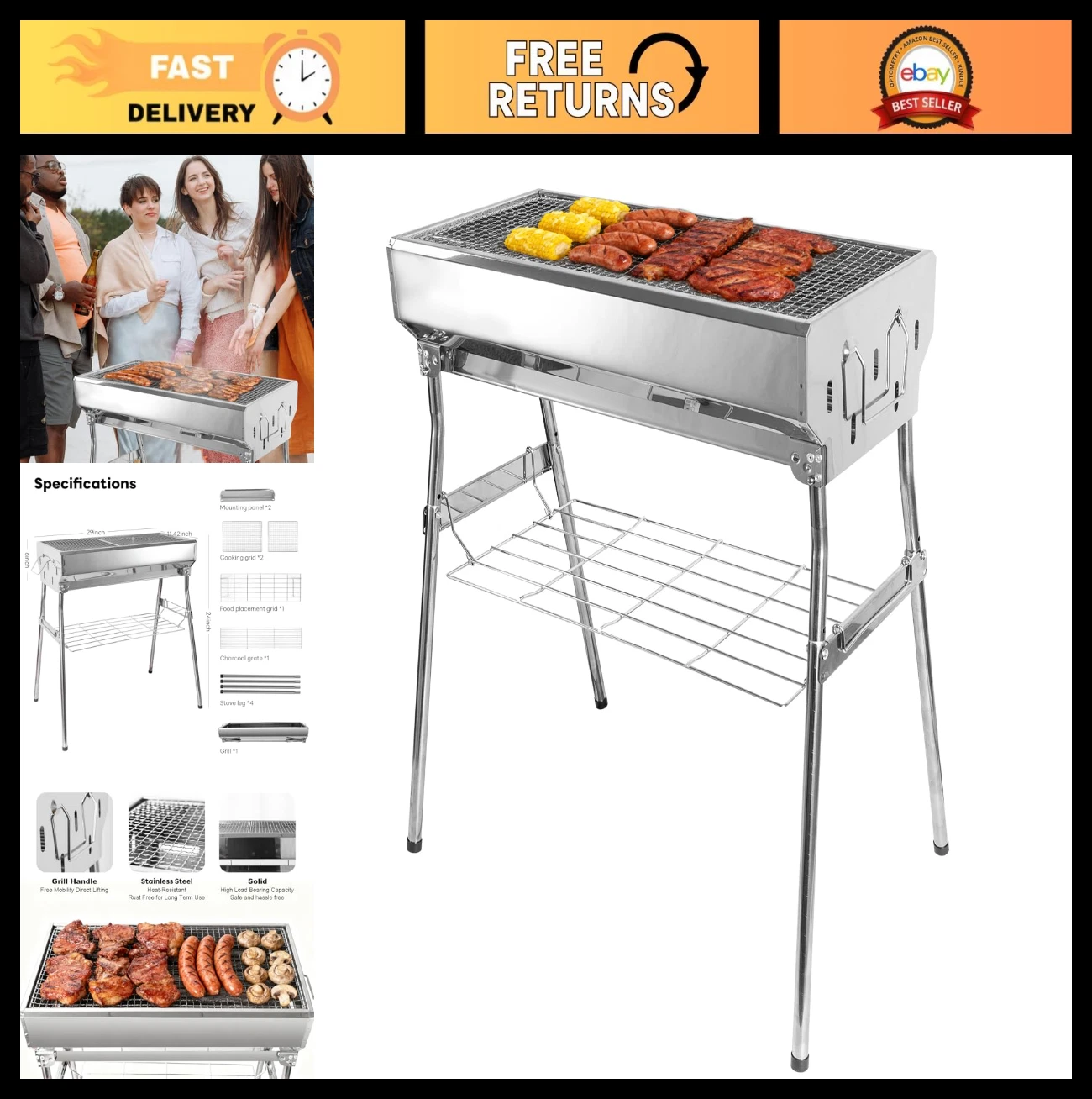 Portable Charcoal Grill - Foldable BBQ Grill for Outdoor Camping & Tailgating