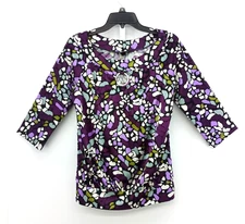 AB Studio Blouse Womens Medium Purple Abstract 3/4 Sleeve Round Keyhole Neck Top