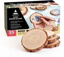 ARTEZA Natural Wood Slices, 3.5-4 Inch Diameter, Set of 25, Brown Round M 
