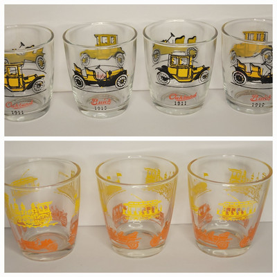 Lot Of 7 Vintage MCM Hazel Atlas Sour Cream Oakland 1911, Buick 1910 Ship, Train