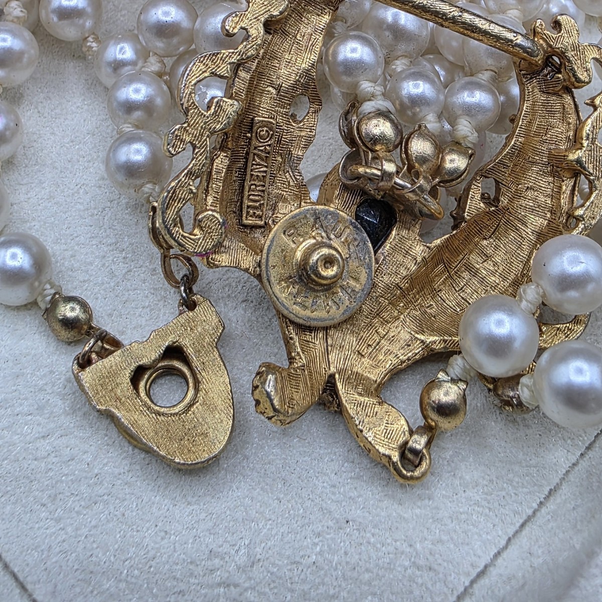Vintage Florenza Victorian Revival Pearl Necklace Front Snap Clasp Festoon READ View 5