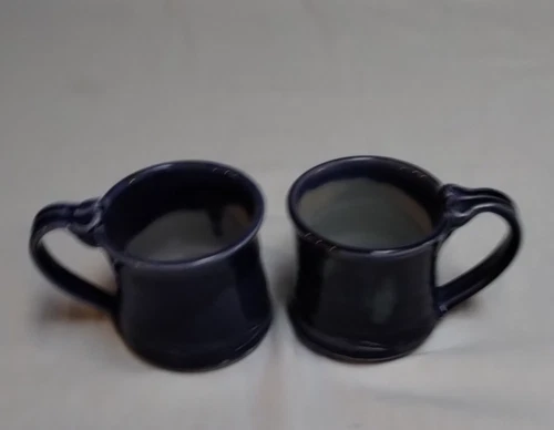 Set Of 2 Dark Blue Studio Art Pottery Hand Crafted Coffee Mugs Artist Signed VTG