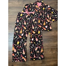 NICK & NORA Womens L Flannel Pajama Set Y2K Celebration Champagne New Years