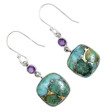 Kingman Copper Teal Turquoise & Amethyst 925 Silver Earrings Jewelry E-1002