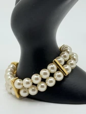 Vintage Napier Double Stranded Faux Pearl Bracelet Gold Tone Fold Over Clasp