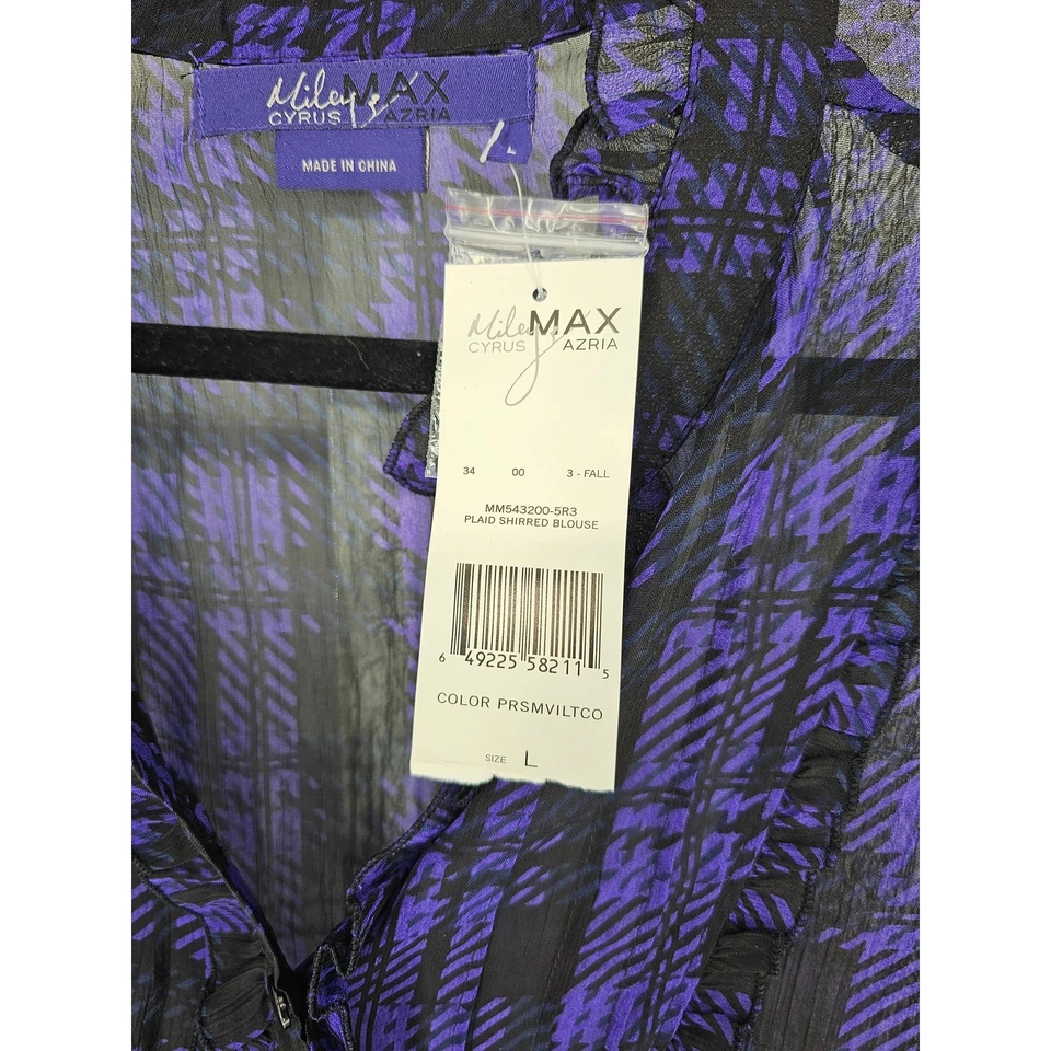 Top informal a cuadros negro púrpura manga larga con cuello en V de Miley Cyrus para mujer talla L Foto 4 de 4
