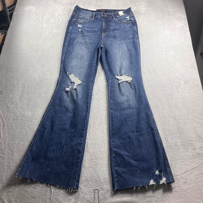 #ad Judy Blue High Waist Flare Jeans Distressed Raw Hem Dark Wash JB88739 15 32 $37.99