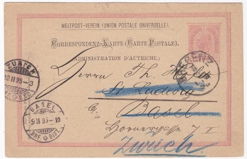 Bregenz,5 Kreuzer,Ganzsache,nach Basel,Schweiz,retour,1895   (145)