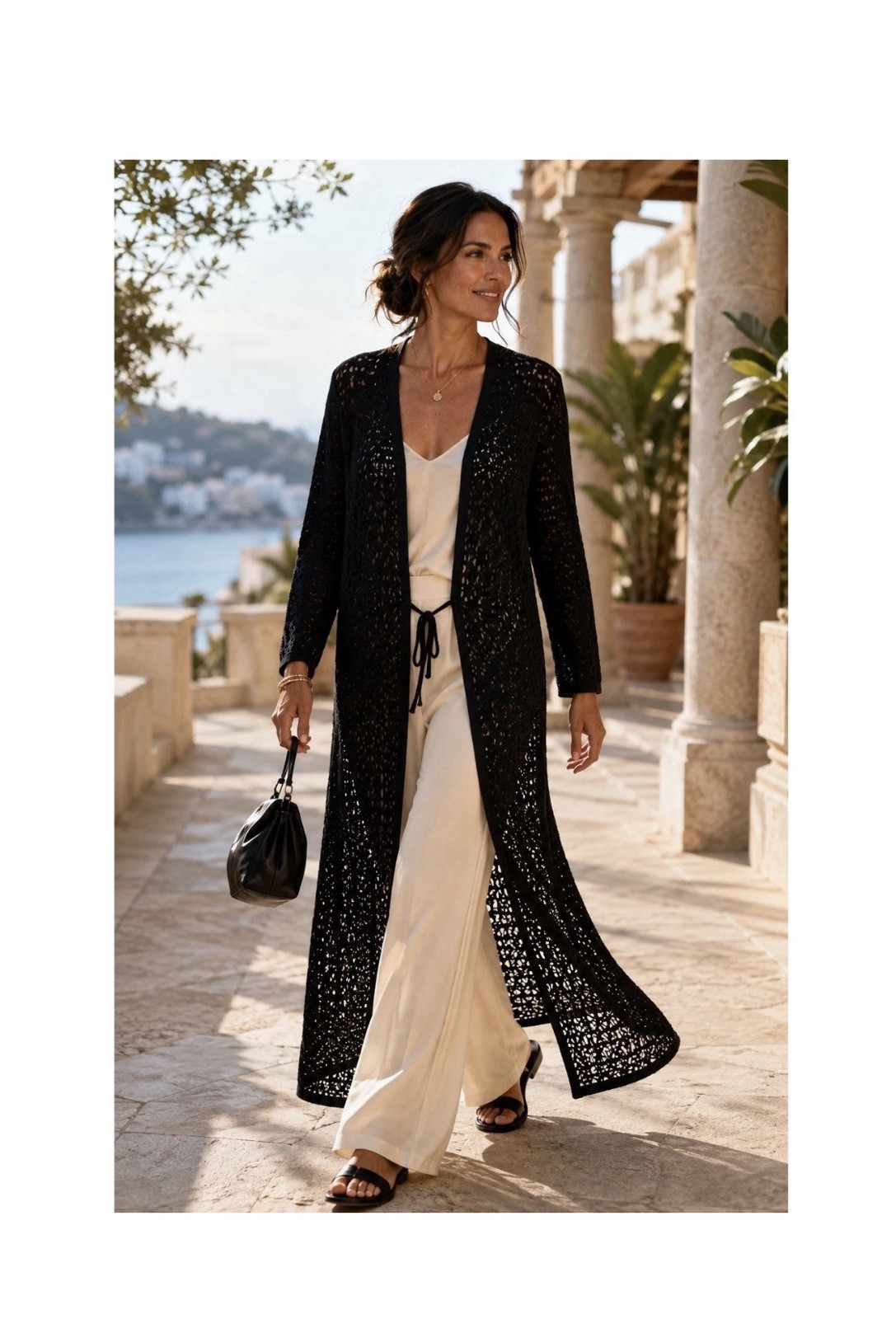 Johnny Was Selah Black Open Knit Cotton Maxi Duster Cardigan XS Boho Resort