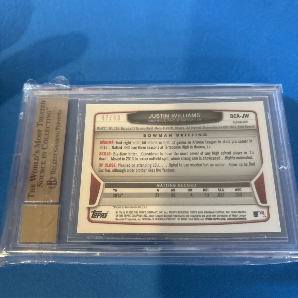 2013 Bowman Draft Picks Chrome Gold Refractor /50 Justin Williams BGS 9.5 Auto - Image 2 of 2
