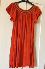 Oliver Bonas Orange Crinkle Embroidered On/Off Shoulder  Popover Dress UK12 L33"