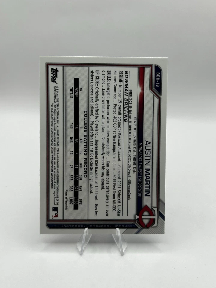 2021 BOWMAN DRAFT CHROME SAPPHIRE MINNESOTA TWINS - AUSTIN MARTIN #BDC-19 - Image 2 of 2