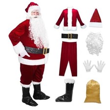 Santa Claus Costume for Men 9pcs Deluxe Velvet Santa average size Crimson New