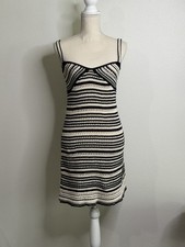 Zara Knit Crochet Striped Mini Dress Black White Spaghetti Strap S