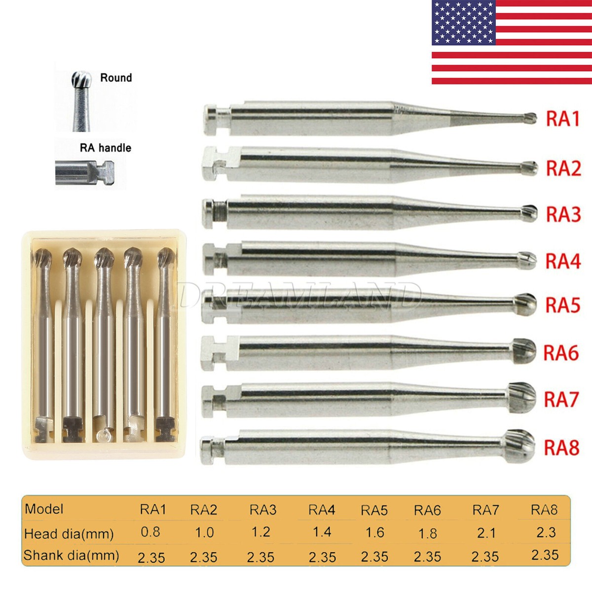 Dental Round Latch Carbide Bur RA 1 2 3 4 5 6 7 8 Midwest LA For