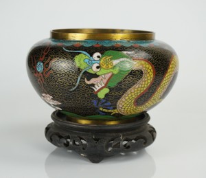 Antique Chinese Cloisonné Cloisonne Dragon Censer Water Pot on Wooden Stand