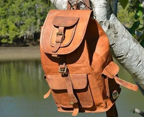Goat Leather Rucksack Laptop Unisex Brown Backpack Bag Vintage Genuine Travel
