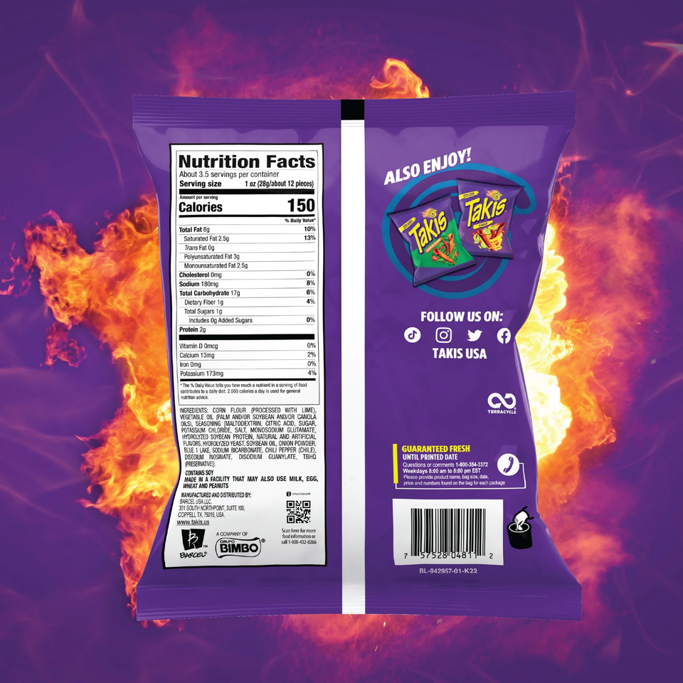 Blue Heat 3.25 Oz Snack Size Bag, Hot Chili Pepper Rolled Tortilla