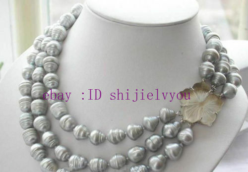 triple strands 11-13mm natural south sea gray baroque pearl necklace 17-19" AAA - Picture 4 of 4