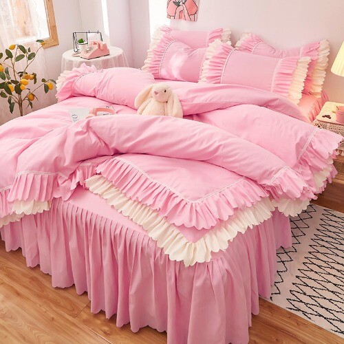 Rosa Prinzessin Stil Bettbezug Bettlaken Kissenbezug 2 Personen Luxus Bettwäsche Set - Bild 14 von 33
